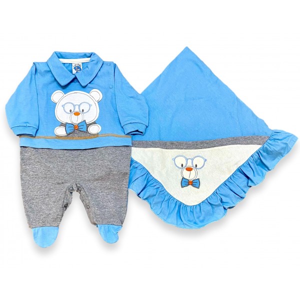 Kit Saída Maternidade Menino Malha Algodão Cinza Azul Urso
