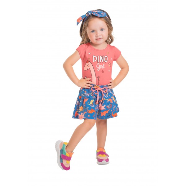 Kit Trijunto 3 pçs Verão Menina Blusa Shorts Faixinha Cabelo