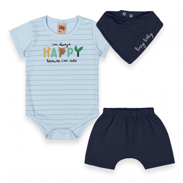 Kit Trijunto 3 pçs Verão Menino Blusa Shorts Babador Bandana