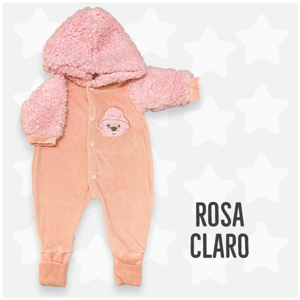 Macacão Bebê Menina de Frio Capuz Pelúcia Urso Plush Inverno