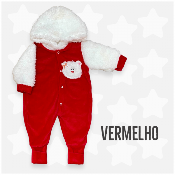 Macacão Bebê Menina de Frio Capuz Pelúcia Urso Plush Inverno