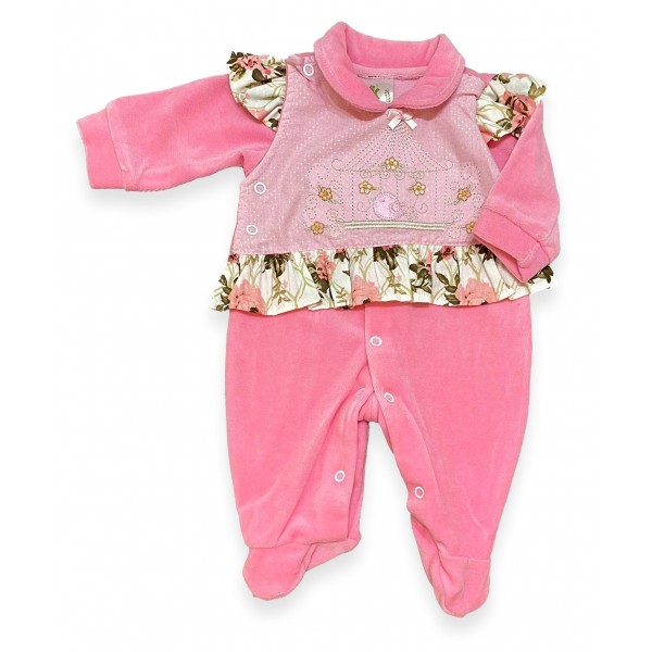 Macacão Bebê Menina Plush Inverno Rosa Floral Frio