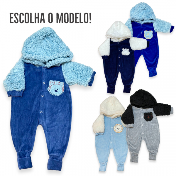 Macacão Bebê Menino de Frio Capuz Pelúcia Urso Plush Inverno