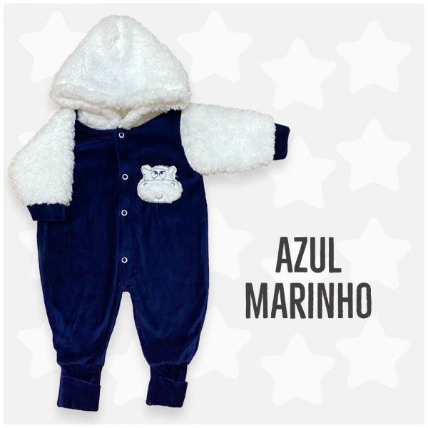 Macacão Bebê Menino de Frio Capuz Pelúcia Urso Plush Inverno