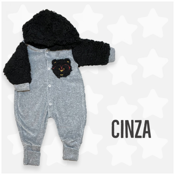 Macacão Bebê Menino de Frio Capuz Pelúcia Urso Plush Inverno