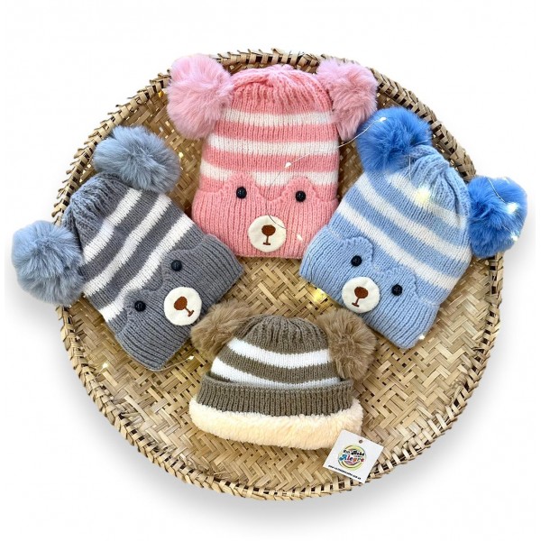 Touca Frio Infantil Bebê Lã Tricot Pompom Bicho Luxo Inverno